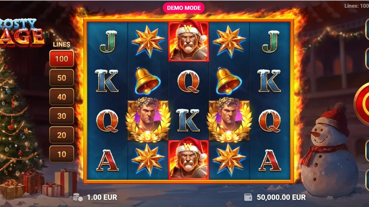 Tampilan antarmuka seluler slot Frosty Rage dengan latar belakang musim dingin