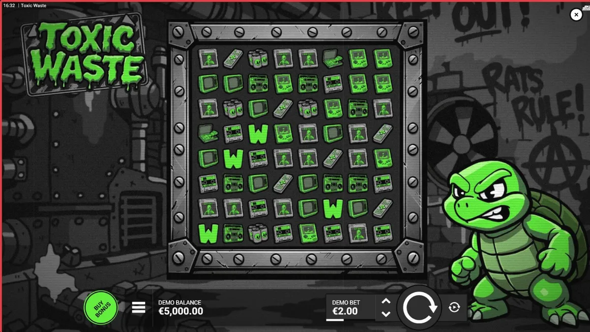 Tampilan visual slot Toxic Waste dengan elemen neon dan laboratorium radioaktif