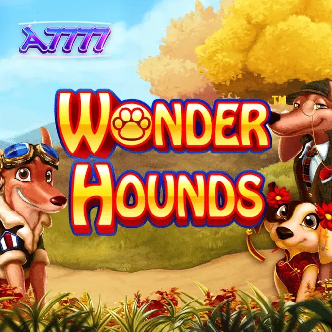 Tampilan layar permainan slot Wonder Hounds yang menampilkan karakter anjing dan gulungan permainan.
